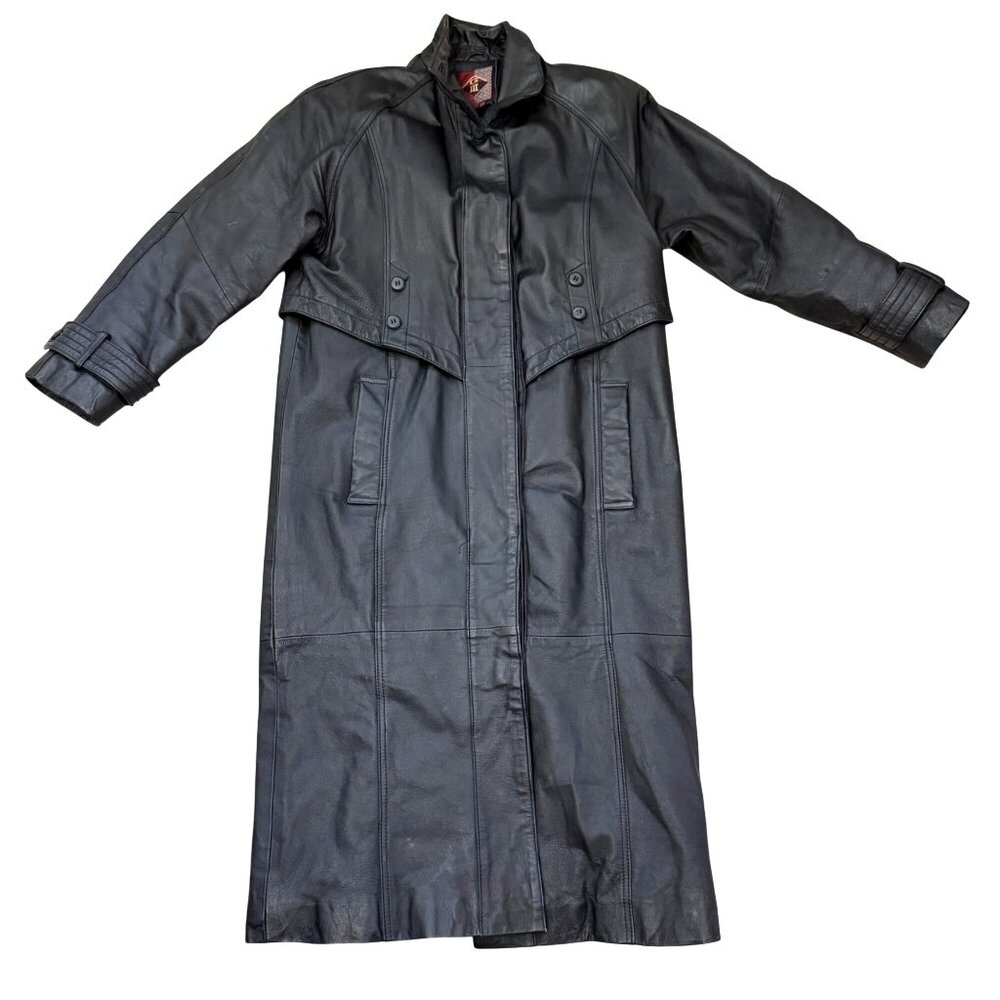 G-III Global Identity Women's Long Trench Coat SP Petite Black Leather Vintage